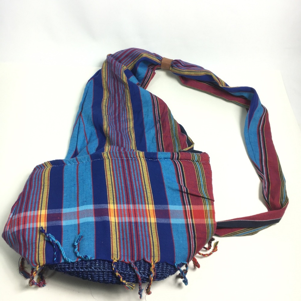 Sling Bucket Bag Woven Blue Bottom Boho